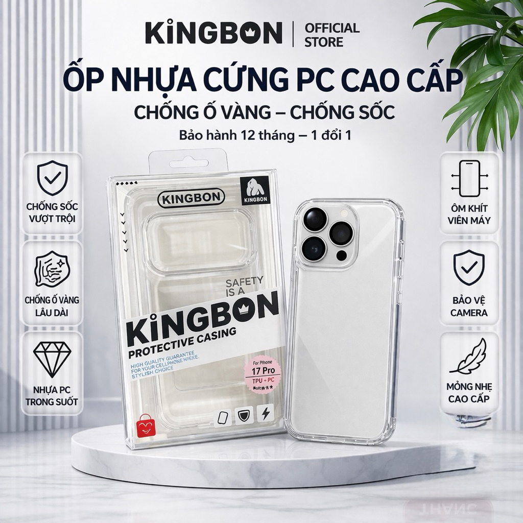 Ốp Lưng iPhone KiNGBON PC Nhựa Trong Suốt Chống Ố cho iP 11 đến 17 Pro Max
