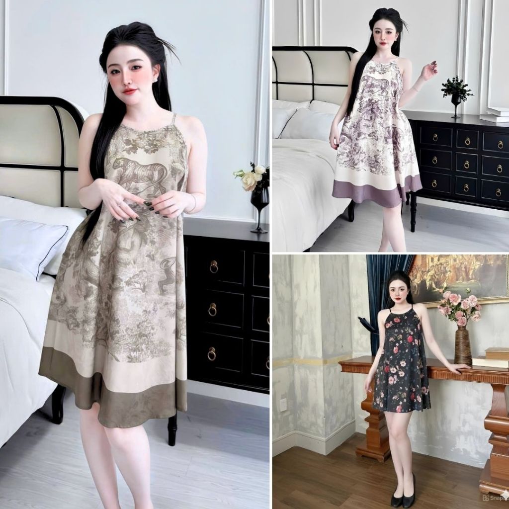 Đầm ngủ hai dây Yếm nhà Xavia chất liệu Lụa Latin loại 1 họa tiết Siêu Mềm Mát Không Nhăn Y2