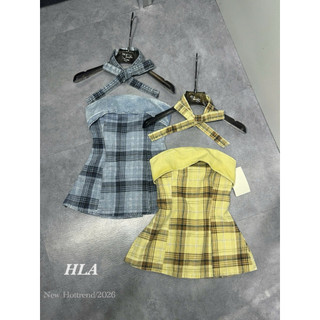 QCL1 7462 Áo quây kẻ mix jeans lưng chun kèm dây cổ siêu slay