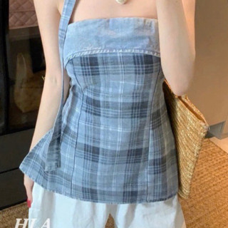 QCL1 7462 Áo quây kẻ mix jeans lưng chun kèm dây cổ siêu slay