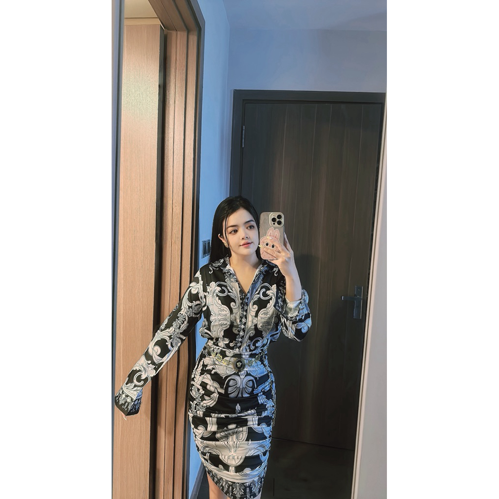 set áo váy hoạ tiết Versace chất thun lạnh co dãn