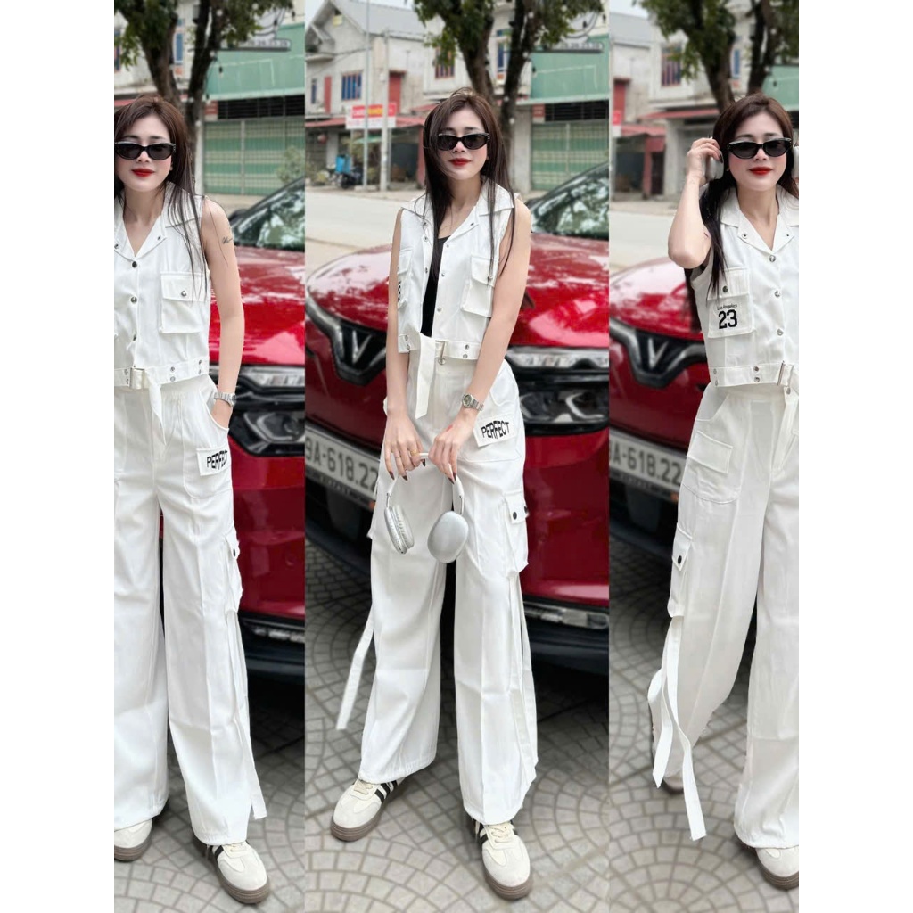 Set thể thao nữ gồm áo Gile 23 cổ bẻ và quần Jogger ống rộng túi hộp chữ thêu (LT)