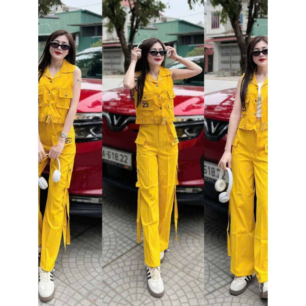 Set thể thao nữ gồm áo Gile 23 cổ bẻ và quần Jogger ống rộng túi hộp chữ thêu (LT)
