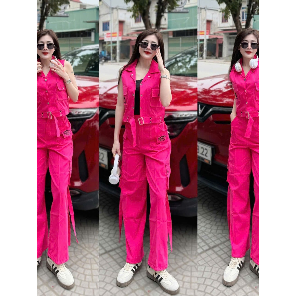 Set thể thao nữ gồm áo Gile 23 cổ bẻ và quần Jogger ống rộng túi hộp chữ thêu (LT)