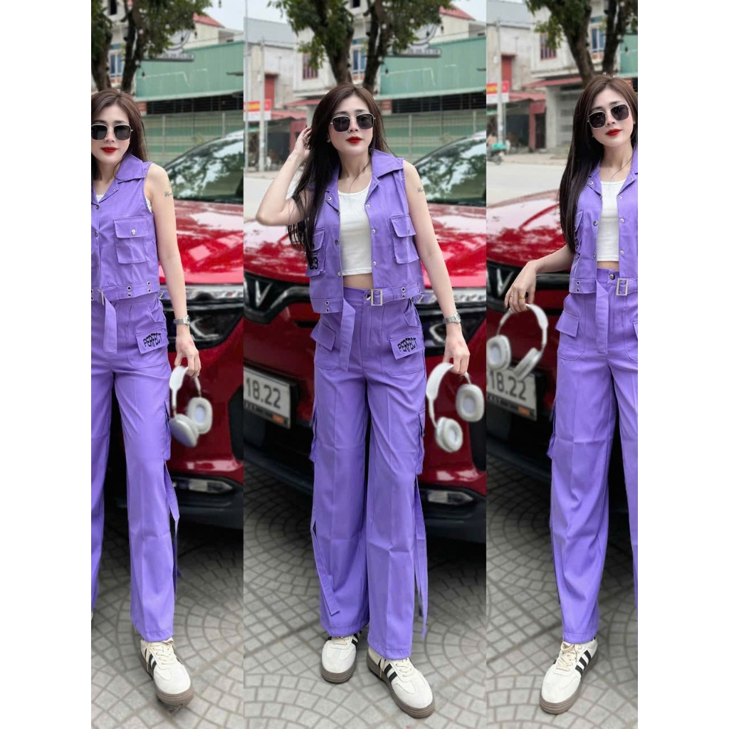 Set thể thao nữ gồm áo Gile 23 cổ bẻ và quần Jogger ống rộng túi hộp chữ thêu (LT)