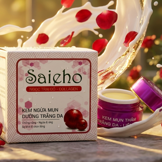 Kem Mụn Thâm Trắng Da, Liền Sẹo, Chống Nắng, Saieho Ngọc Trai Đỏ Collagen (Trắng-Hồng)
