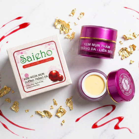 Kem Mụn Thâm Trắng Da, Liền Sẹo, Chống Nắng, Saieho Ngọc Trai Đỏ Collagen (Trắng-Hồng)
