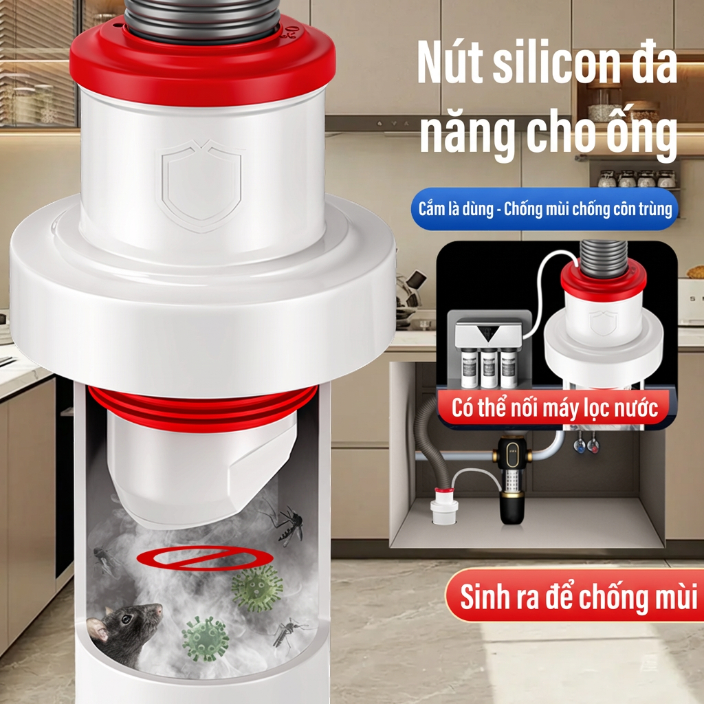 Ngăn mùi bồn rửa chén, Đầu nối silicon có lỗ cắm máy lọc nước chống trào ngược cống