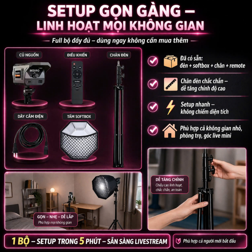 Đèn trợ sáng livestream, Softbox Tổ Ong cao cấp Đèn Bát Giác Bediro chân 2m8 trợ sáng chụp ảnh sản phẩm, beauty ,makup