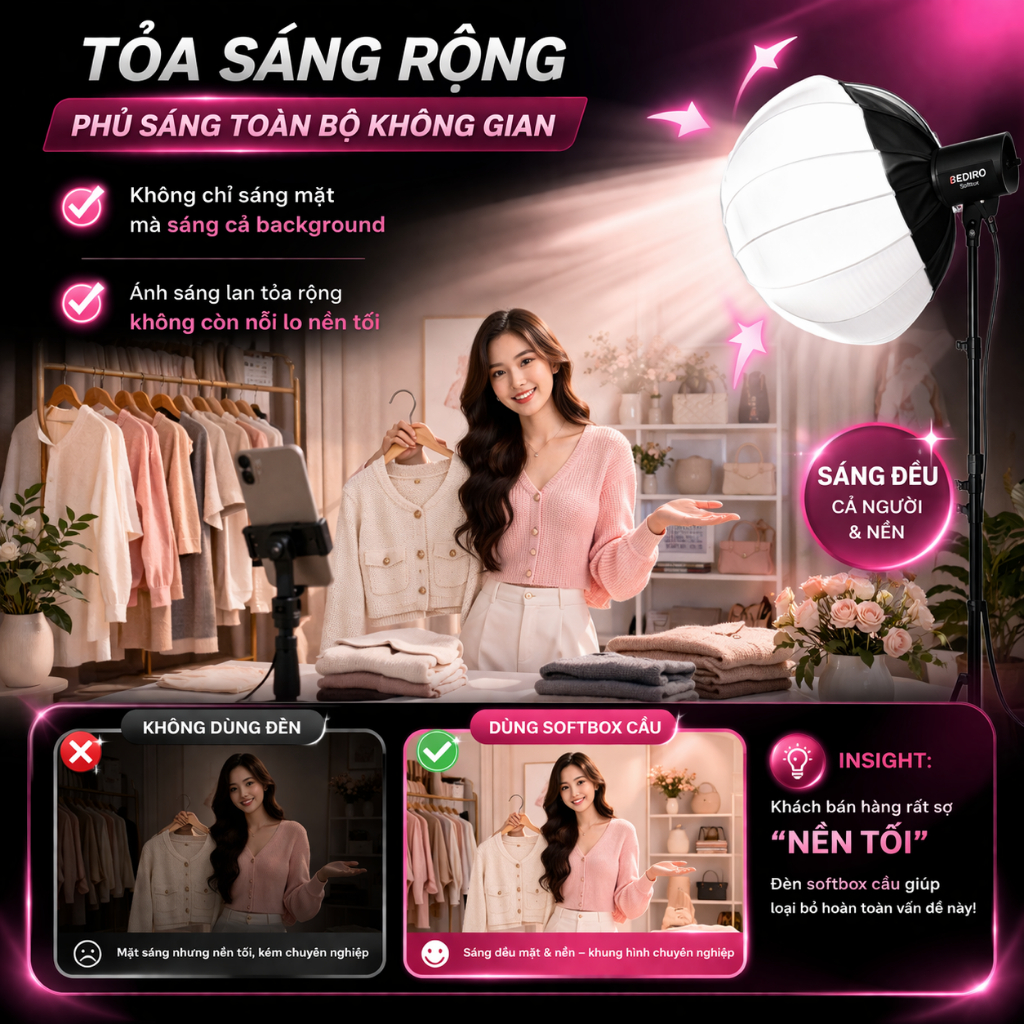 HỎA TỐC HN - Đèn livestream softbox cầu 800SS chân 2m8, trợ sáng studio, livestream bán hàng, quay video chuyên nghiệp