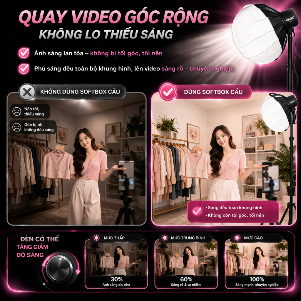 HỎA TỐC HN - Đèn livestream softbox cầu 800SS chân 2m8, trợ sáng studio, livestream bán hàng, quay video chuyên nghiệp