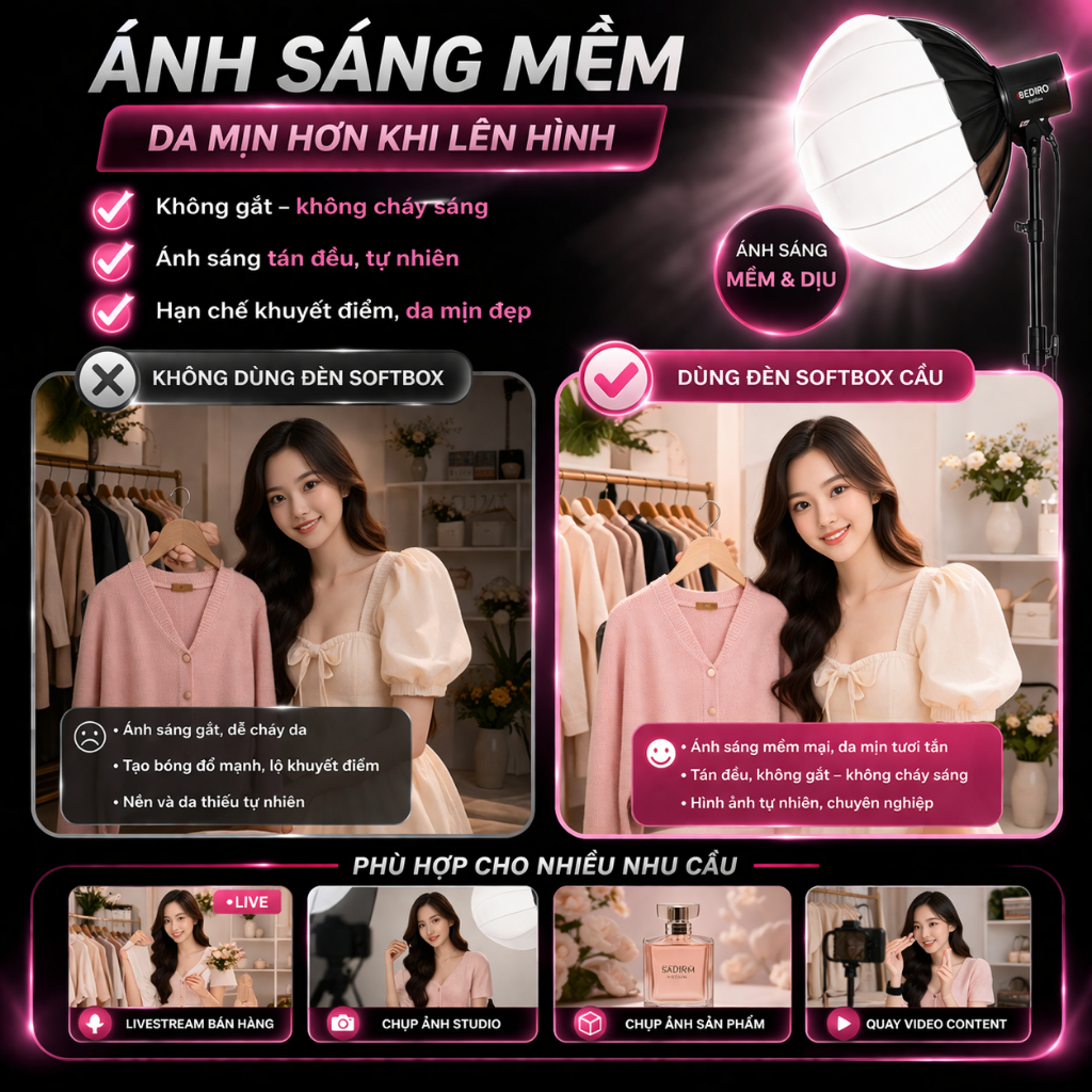 HỎA TỐC HN - Đèn livestream softbox cầu 800SS chân 2m8, trợ sáng studio, livestream bán hàng, quay video chuyên nghiệp