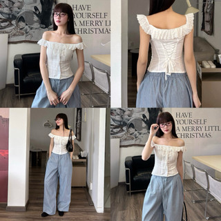 CHILLIE TOP - Áo Kiểu Bôi Thêu DEROSE Trễ Vai Mang Được 2 Kiểu Thắt Dây Sau Lưng - Áo BabyDoll thiết eo AB211