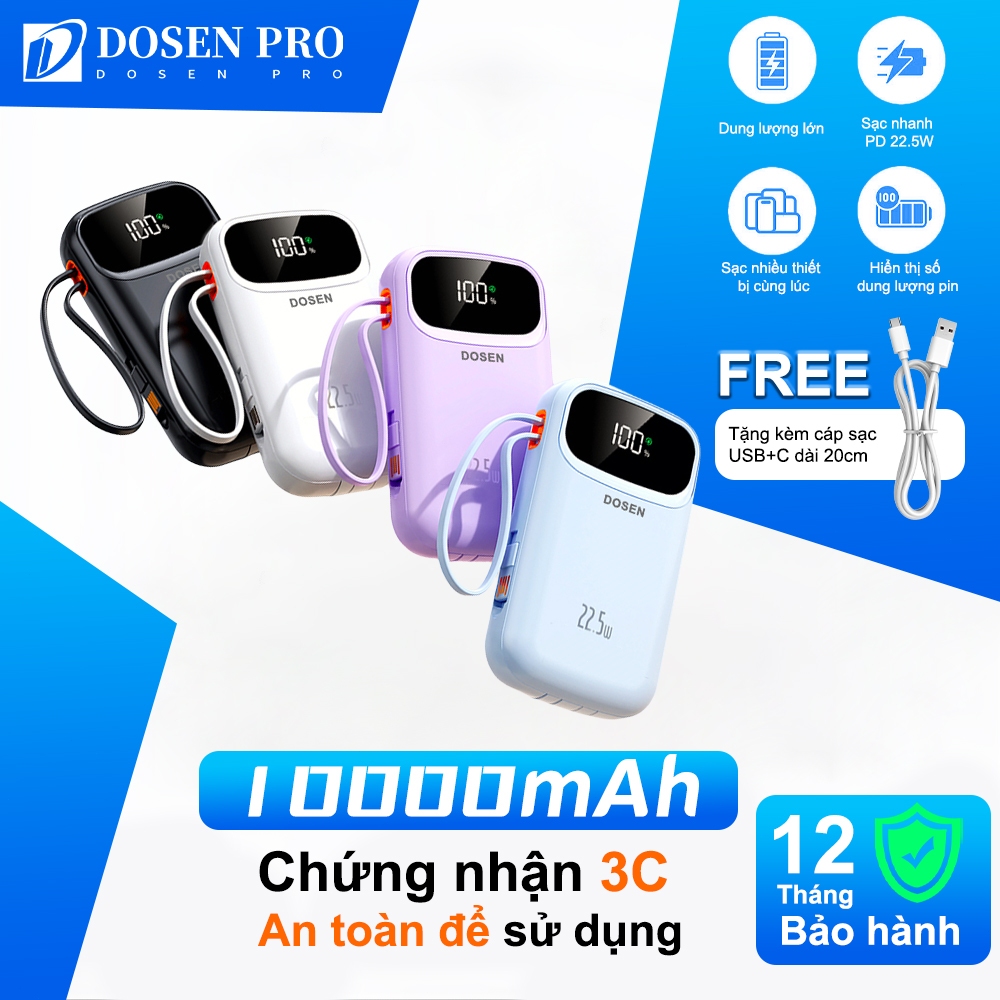 DOSEN Pro sạc dự phòng power bank pd22.5w 10000mah tự mang theo dây đôi pin dự phòng màn hình led tích hợp tích hợp | BigBuy360 - bigbuy360.vn