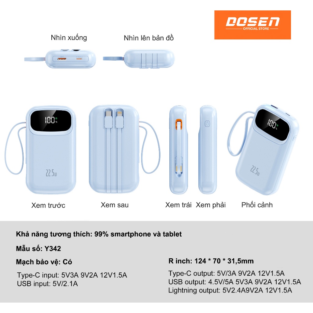 DOSEN Pro sạc dự phòng power bank pd22.5w 10000mah tự mang theo dây đôi pin dự phòng màn hình led tích hợp tích hợp | BigBuy360 - bigbuy360.vn