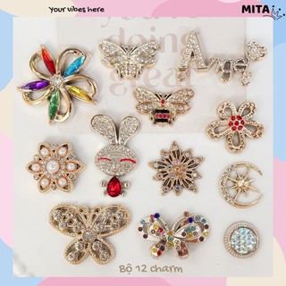 Bộ 12 Sticker, Charm 3D chủ đề Hoa lấp lánh nhựa cứng gắn Dép Sục, Cá sấu JB-453 Mita