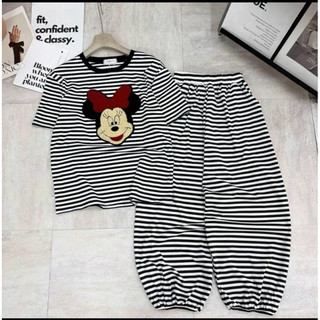 Set bộ kẻ sọc cọc tay + quần bo chun thêu xù mickey đeo nơ đỏ