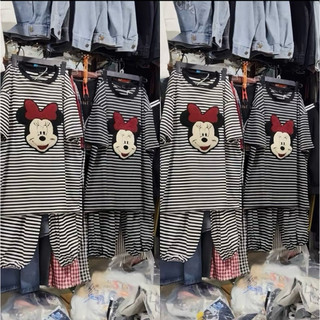 Set bộ kẻ sọc cọc tay + quần bo chun thêu xù mickey đeo nơ đỏ