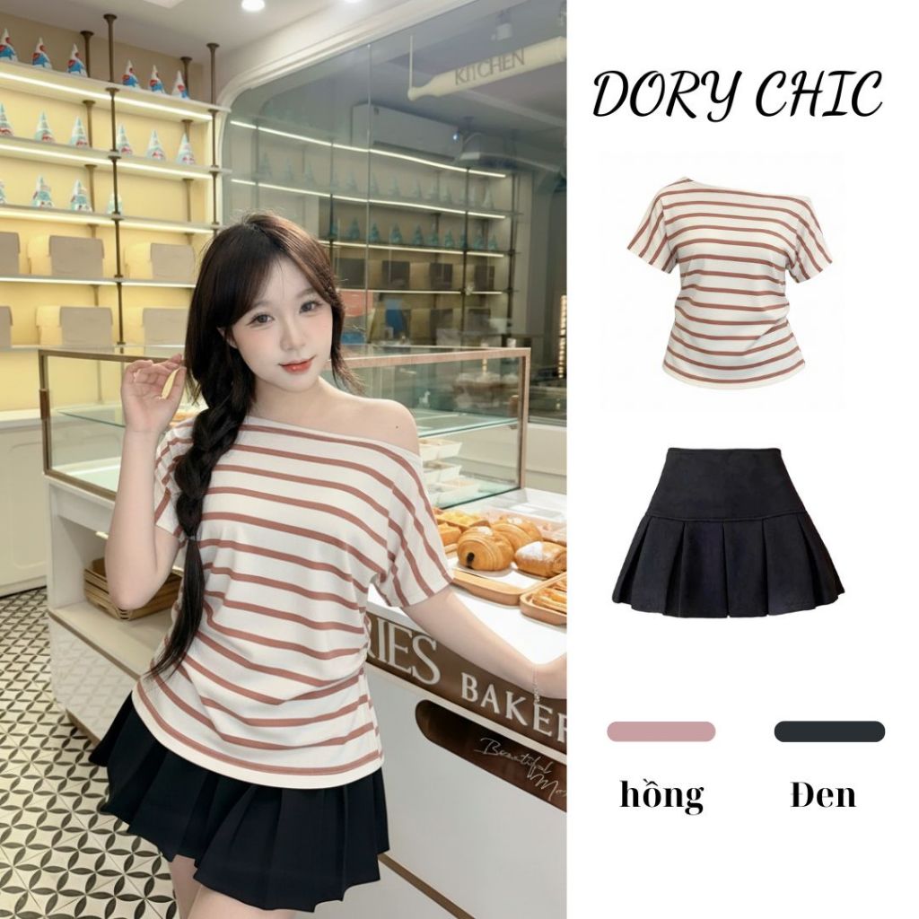 [SALE VUI 7.7]_DORY CHIC_Áo kẻ trễ vai tay cộc có bo eo hông mix chân váy lẻ rời siêu xinh A002