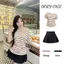 _DORY CHIC_Áo kẻ trễ vai tay cộc có bo eo hông mix chân váy lẻ rời siêu xinh A002