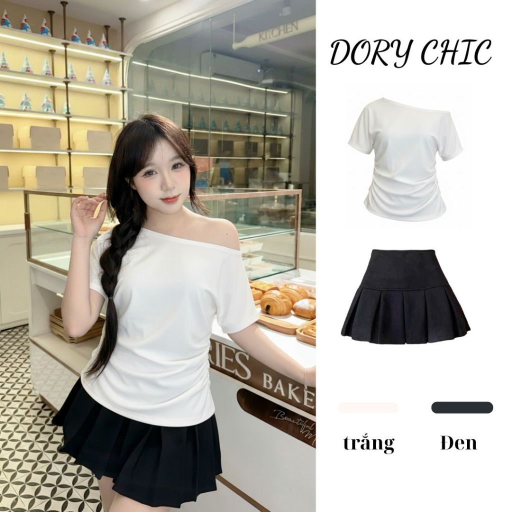 [SALE VUI 7.7]_DORY CHIC_Áo kẻ trễ vai tay cộc có bo eo hông mix chân váy lẻ rời siêu xinh A002