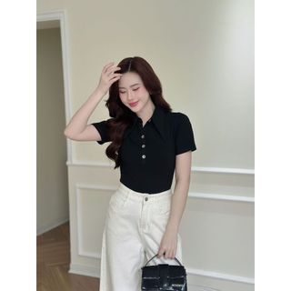 Áo thun tay cộc cổ tim lá nhọn phối cúc cài LA457