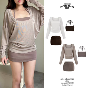Set Áo Thun Dài Tay Cổ Rộng Chữ U đi kèm Chân váy Poly FFCLUB