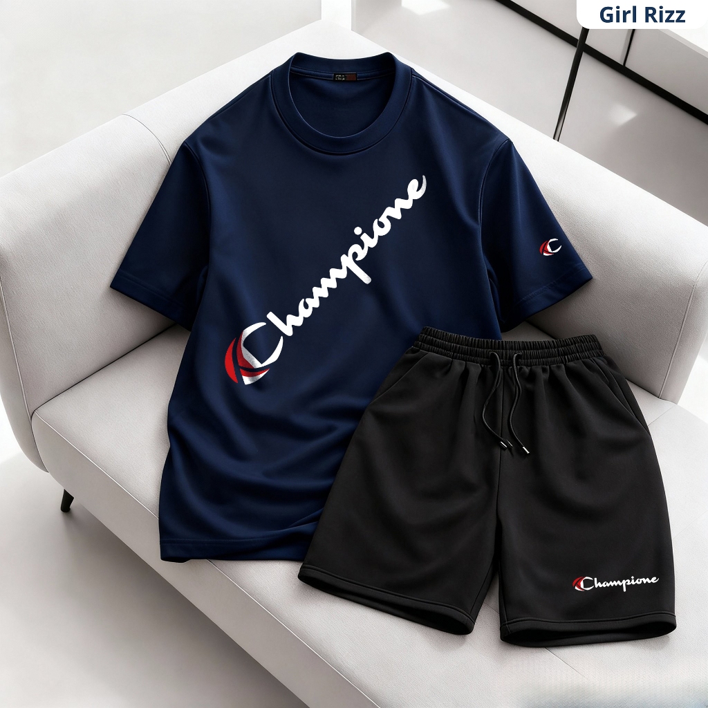 Bộ đồ thun Champion unisex GIRLRIZZ form rộng chất cotton cao cấp set áo quần mặc nhà đi chơi thể thao SET020