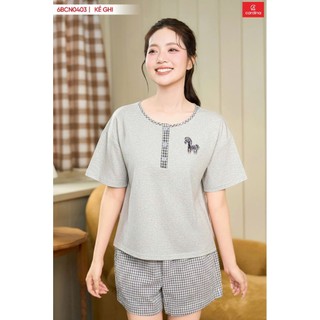 6BCN04 Đồ bộ mặc nhà nữ CARDINA áo cotton cộc tay phối cổ trụ kẻ và quần thô kẻ đùi 6BCN04