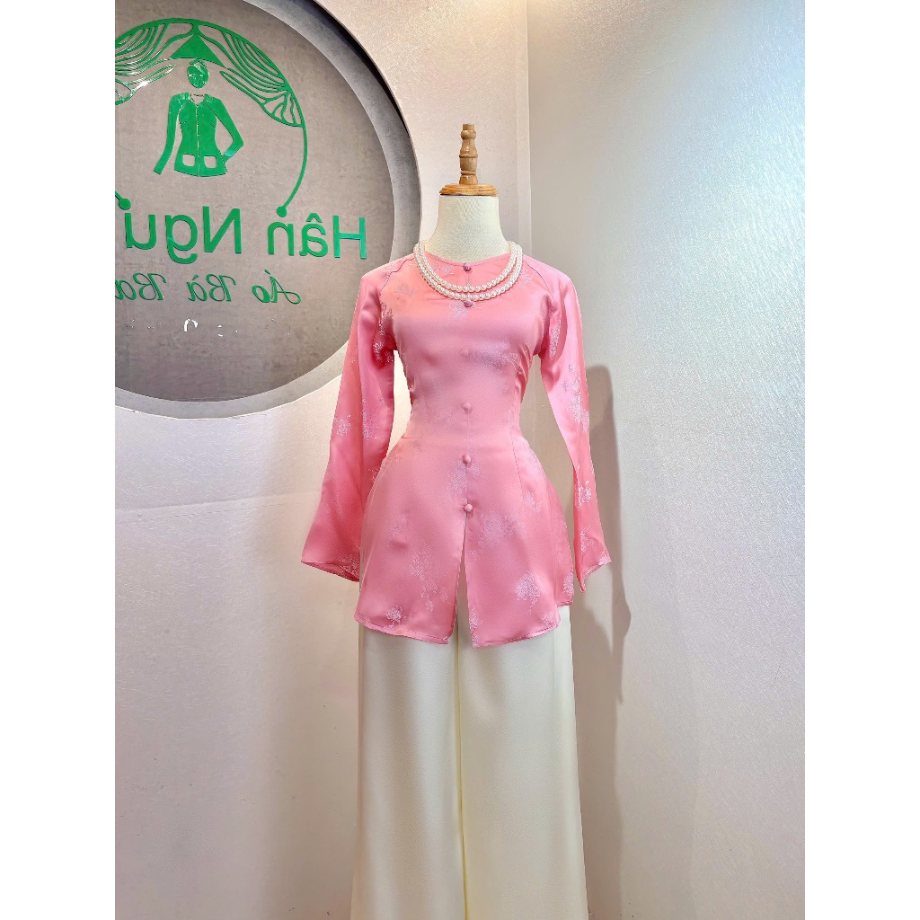 B.A196 - Áo Bà Ba Gấm Tơ Tằm Cúc Đại Ngọc Lục Nút Bọc Nụ Cổ Tròn Dây Kéo