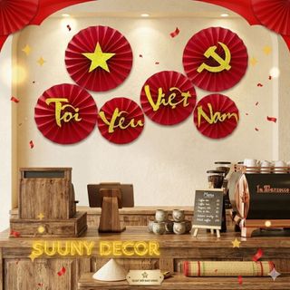Combo 6 Quạt Giấy Cờ Đỏ Sao Vàng Decor 30/4 - Set Trang Trí "Tôi Yêu Việt Nam" Kim Tuyến Đẹp Cho Quán Cafe, Lớp Học