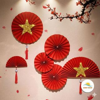 Combo 6 Quạt Giấy Cờ Đỏ Sao Vàng Decor 30/4 - Set Trang Trí "Tôi Yêu Việt Nam" Kim Tuyến Đẹp Cho Quán Cafe, Lớp Học