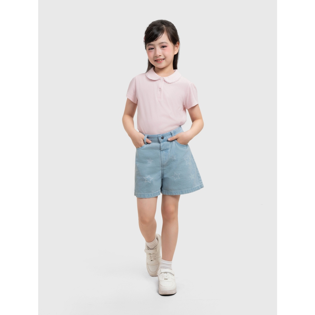 Áo polo bé gái CANIFA chất cotton USA cổ lá cộc tay phối viền PS26 1TP26S001