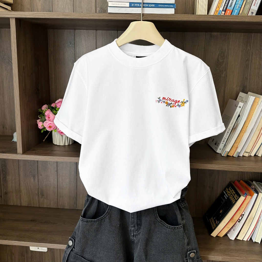 Áo Thun Mirage Thêu Chữ Hoa Màu Trắng Nghệ Thuật, Chất 100% Cotton Mềm Mịn Thoáng Mát.