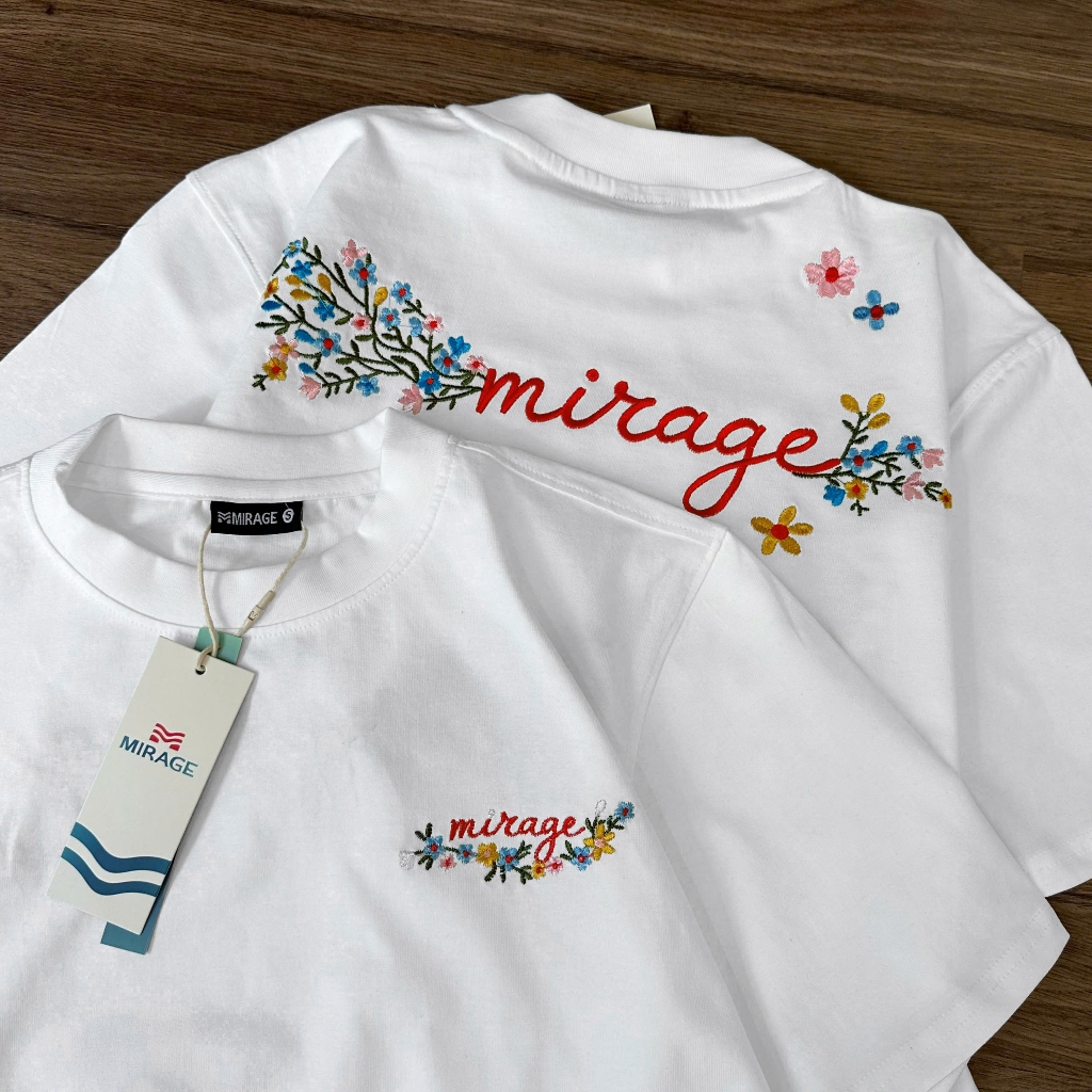 Áo Thun Mirage Thêu Chữ Hoa Màu Trắng Nghệ Thuật, Chất 100% Cotton Mềm Mịn Thoáng Mát.