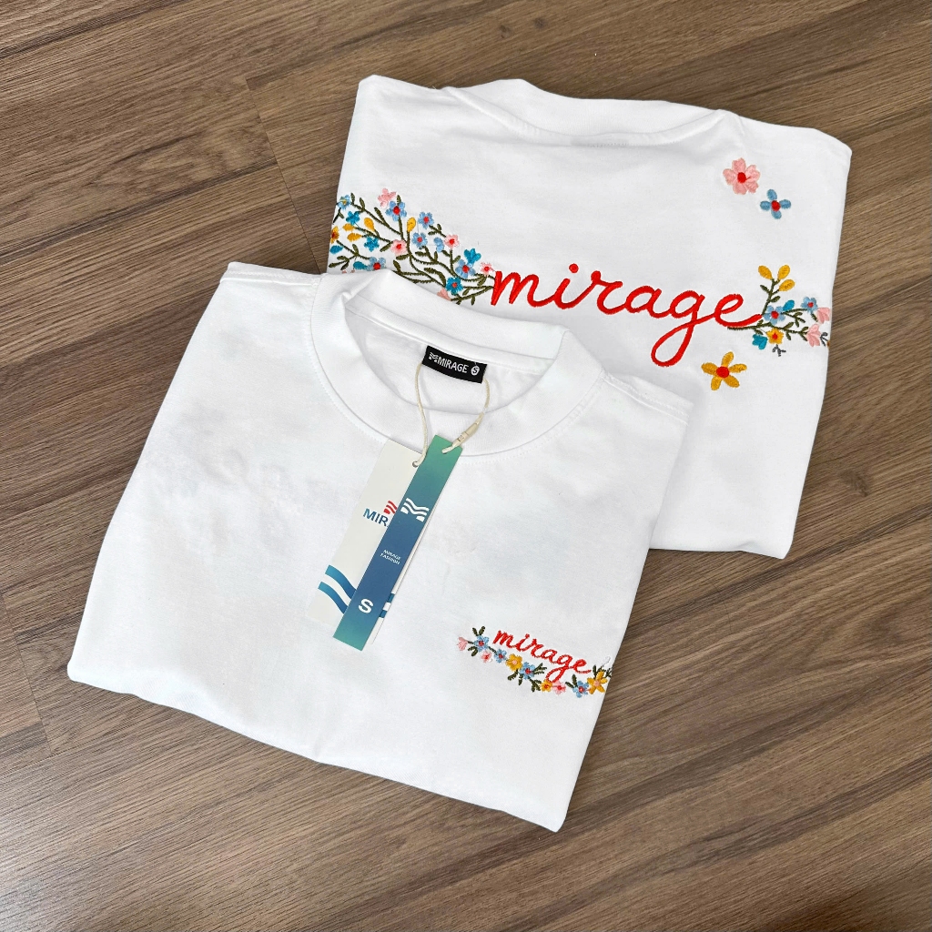 Áo Thun Mirage Thêu Chữ Hoa Màu Trắng Nghệ Thuật, Chất 100% Cotton Mềm Mịn Thoáng Mát.