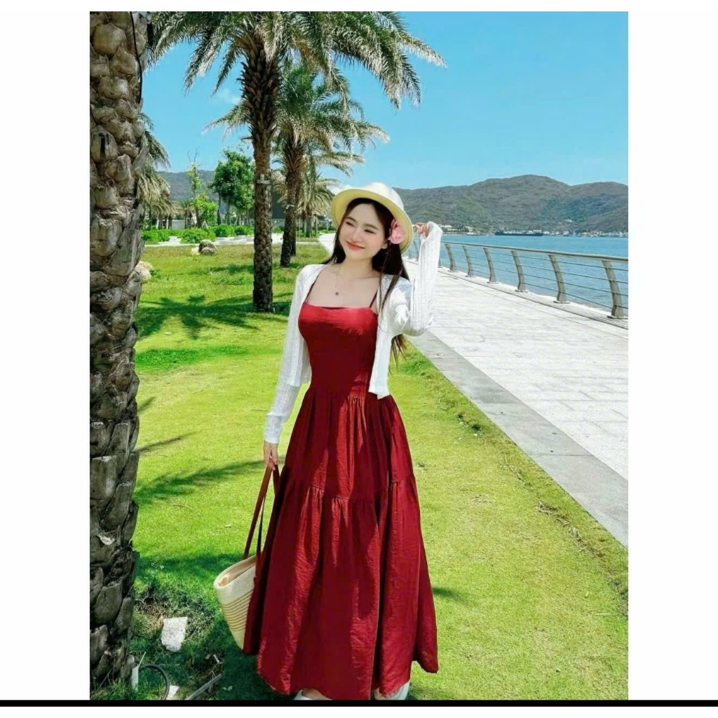 Đầm Maxi Tơ Nến Đỏ Dáng Xòe 2 Dây – Váy Dài Bay Nhẹ Đi Biển Siêu Xinh