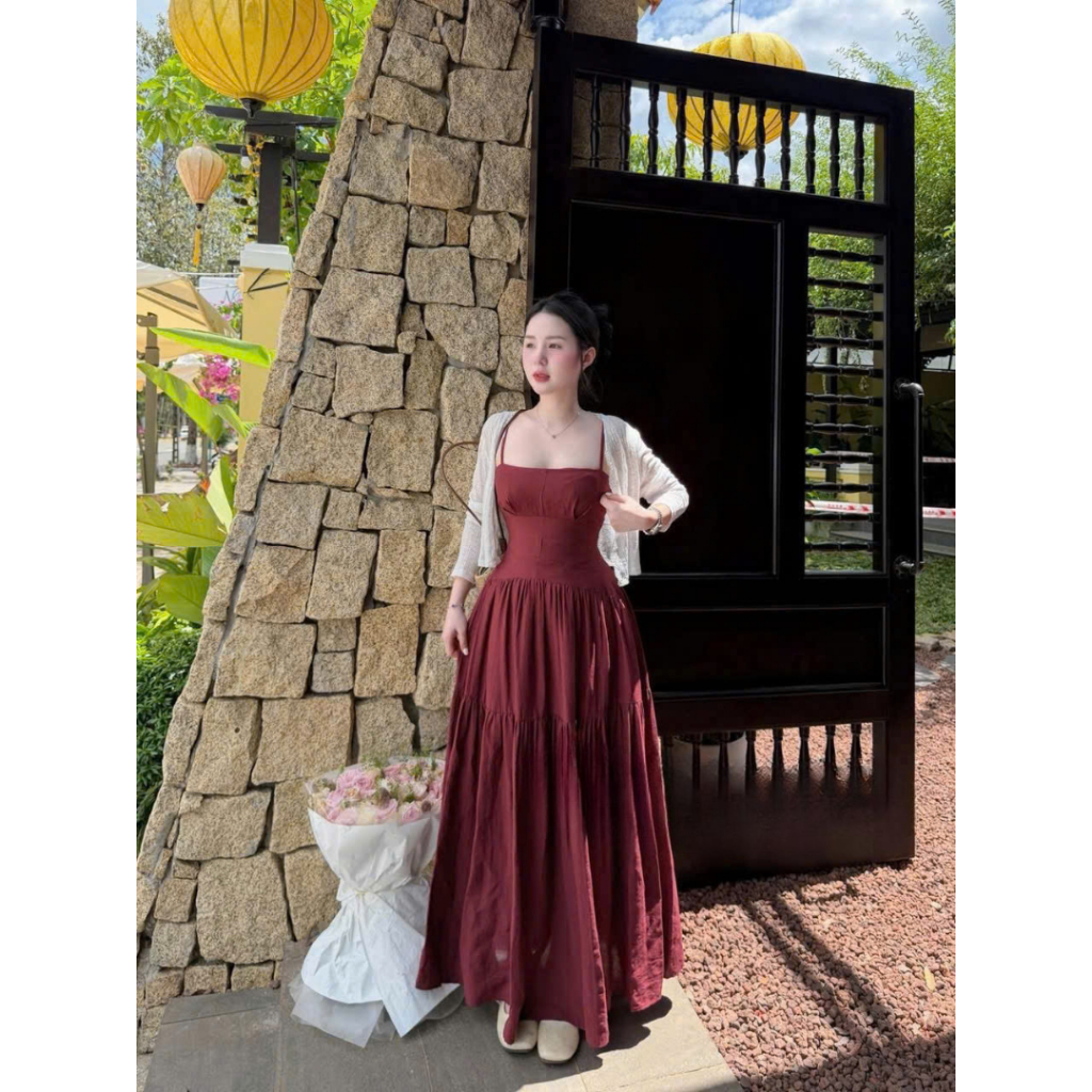 Đầm Maxi Tơ Nến Đỏ Dáng Xòe 2 Dây – Váy Dài Bay Nhẹ Đi Biển Siêu Xinh