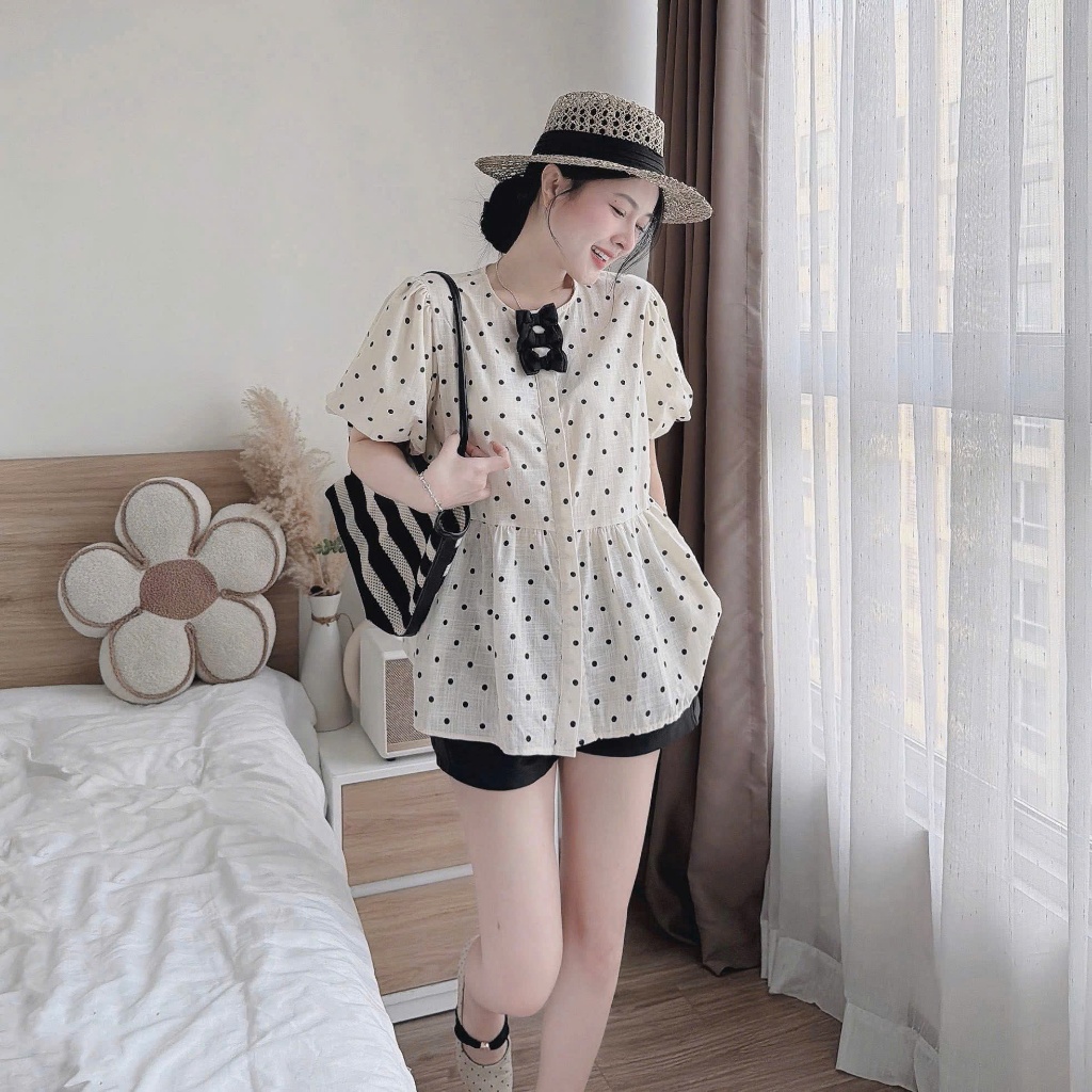 Áo Babydoll Chấm Bi Nơ Ngực – Áo Xòe Tiểu Thư Phối Quần Short Siêu Xinh