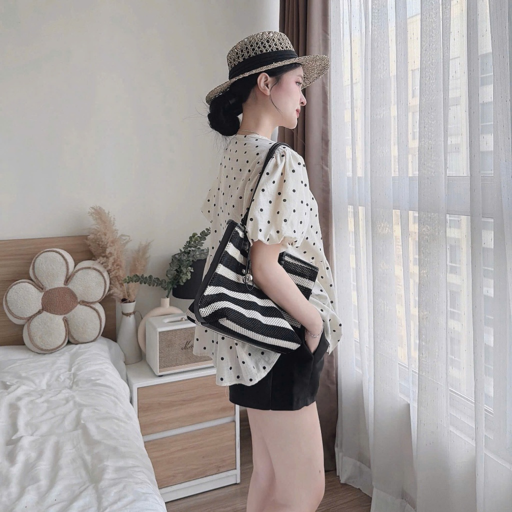Áo Babydoll Chấm Bi Nơ Ngực – Áo Xòe Tiểu Thư Phối Quần Short Siêu Xinh