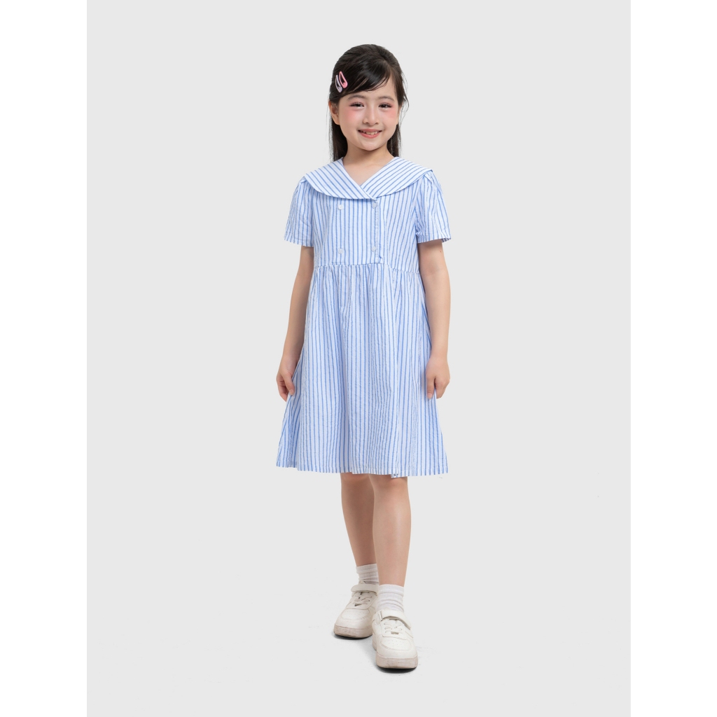 Váy liền bé gái CANIFA dáng babydoll cộc tay cổ thủy thủ họa tiết kẻ 1DS26S009