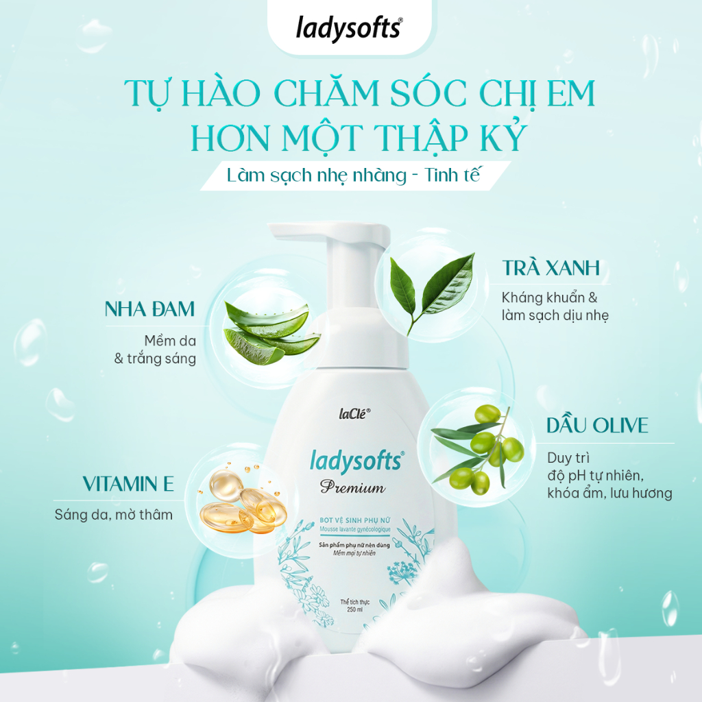 Combo 2 Chai Dung Dịch Vệ Sinh Phụ Nữ Dạng Bọt Ladysofts Premium Laclé Làm Sạch, Cân Bằng pH 250ml