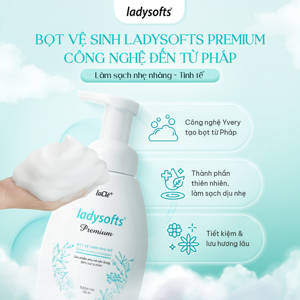 Combo 2 Chai Dung Dịch Vệ Sinh Phụ Nữ Dạng Bọt Ladysofts Premium Laclé Làm Sạch, Cân Bằng pH 250ml