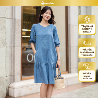 SWANLAKE | Váy Đầm Denim Jean Wash Mềm Suông Đuôi Cá Xòe Cổ Tròn Tay Phồng Có Túi Công Sở - D11295