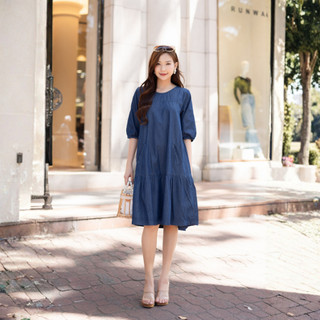 SWANLAKE | Váy Đầm Denim Jean Wash Mềm Suông Đuôi Cá Xòe Cổ Tròn Tay Phồng Có Túi Công Sở - D11295