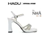 Giày Sandal Cao Gót 9P Đế Vuông 3 Quai Đính Đá LYNDA HADU M984 Da PU Cao Cấp BH 12T