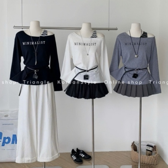 TRIANGLE - Minimal long-sleeved Tshirt (Cân nhắc kỹ, return is not welcomed)- Áo thun dài tay Hàn Quốc vai nghiêng+belt