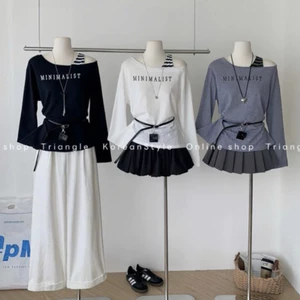 TRIANGLE - Minimal long-sleeved Tshirt (Cân nhắc kỹ, return is not welcomed)- Áo thun dài tay Hàn Quốc vai nghiêng+belt