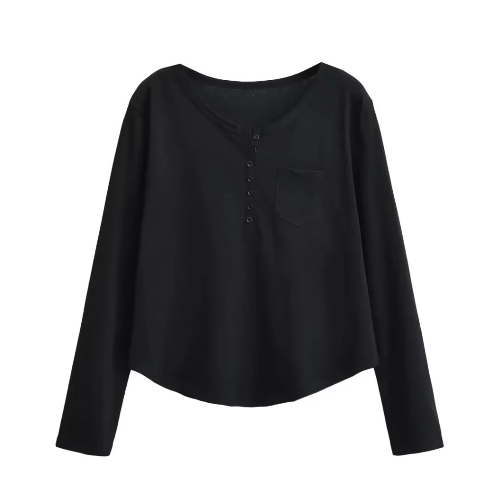 Áo thun dài tay nữ basic có túi sành điệu thun cotton co giãn thoáng mát thấm hút mồ hôi hình đơn giản trẻ trung thời tr