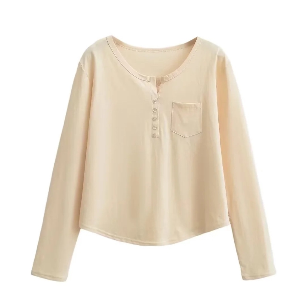 Áo thun dài tay nữ basic có túi sành điệu thun cotton co giãn thoáng mát thấm hút mồ hôi hình đơn giản trẻ trung thời tr